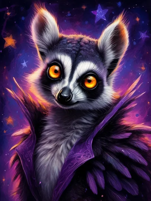 Prompt: <mymodel>(magical creature) lemur with bat wings, whimsical and fantastical, (playful pose) vibrant color palette, swirling shades of deep purple and midnight black, glowing eyes, intricate wing details, soft fur texture, enchanting fantasy background with a starry night sky, (highly detailed) ultra-detailed illustration, captivating atmosphere of wonder and charm.