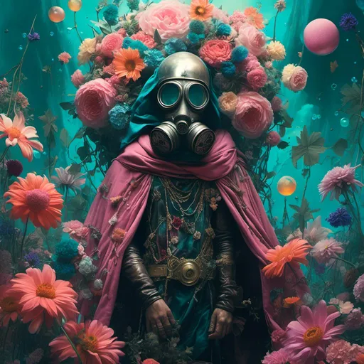 Prompt: <mymodel> man wearing a (mystical cloak) and (futuristic gas mask), surrounded by (giant flowers) towering majestically over him, vibrant colors contrasting with earthy tones, ethereal floating bubbles adding fantasy, soft light creating a dreamlike atmosphere, (teal), (black), (pink) accents, (highly detailed), (cinematic) quality, immersive and surreal ambiance in a whimsical field.