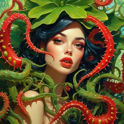 Prompt: <mymodel>beautiful woman (folk-art style), laying gracefully in the mouth of a giant venus flytrap, vibrant colors, surreal and whimsical atmosphere, intricate details of the flytrap's textures, soft luminous lighting, fantasy-inspired background featuring lush greenery, ultra-detailed, capturing an enchanting essence, perfect composition for a captivating portrait.