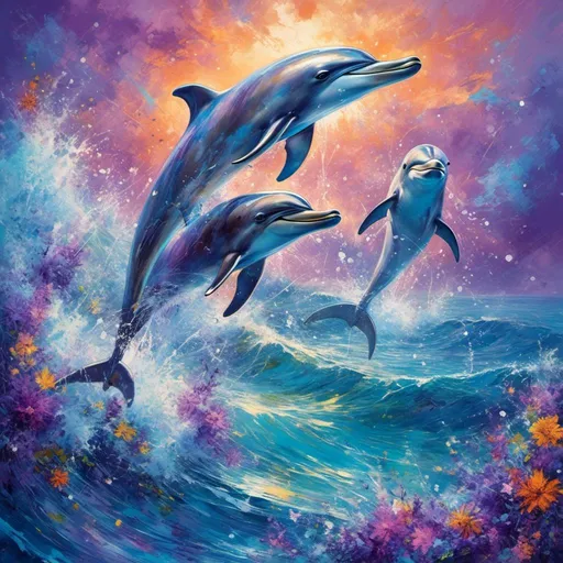 Prompt: <mymodel>(dolphins), (vibrant purple water), whimsical ocean scene, playful dolphins leaping gracefully, enchanting underwater ambiance, soft ripples reflecting light, magical atmosphere, dreamy colors blending seamlessly, ultra-detailed, serene and joyful mood, captivating aquatic environment, exceptional realism, high-quality image, luminescent waves sparkling in the background