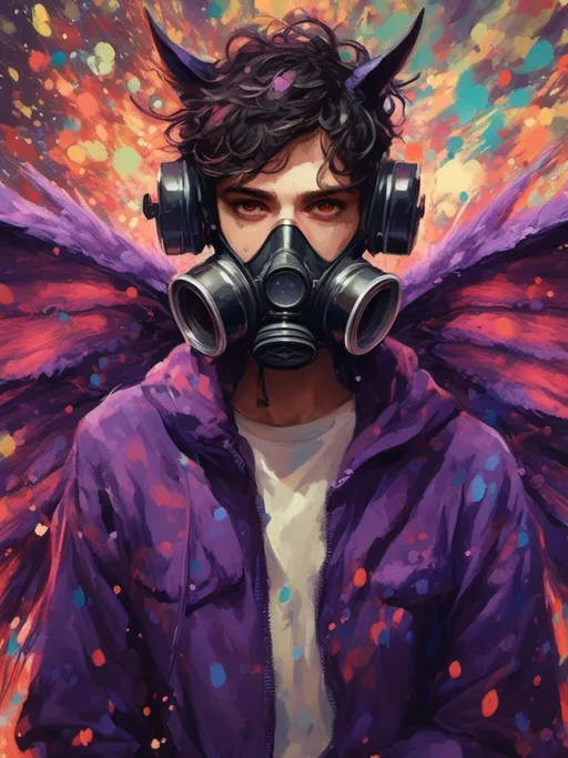 Prompt: <mymodel>(magical creature) man with gas mask and bat wings, whimsical and fantastical, (playful pose) vibrant color palette, swirling shades of deep purple and midnight black, glowing eyes, intricate wing details, enchanting fantasy background with a starry night sky, (highly detailed) ultra-detailed illustration, captivating atmosphere of wonder and charm.