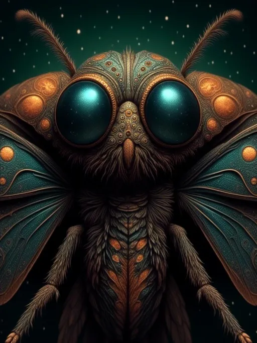 Prompt: <mymodel>(super-macro image), astonishingly intricate details, alien-moth) with ethereal wings, bioluminescent patterns, iridescent colors reminiscent of the cosmos, set against a mysterious, dark background enveloped in cosmic mist, exploring the strange allure of the alien creature, (highly detailed, 4K).