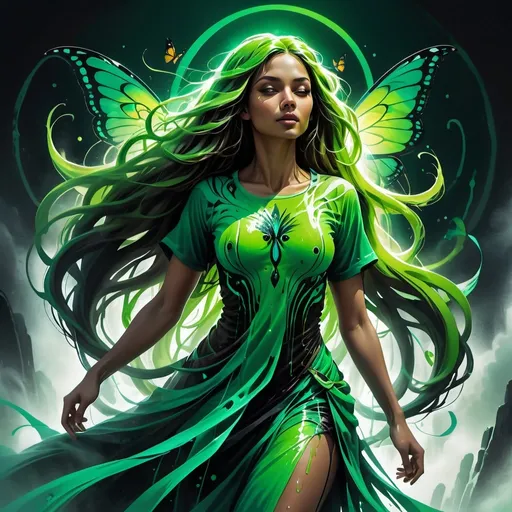 Prompt: (Attractive woman with long flowing hair and butterfly wings), ethereal green mist swirling around, (bold thick lines) enhancing texture, dress, drippy goo elements incorporating surreal charm, mystical ambiance, ethereal lighting casting soft shadows, vibrant color contrasts pushing dramatic depth, an enchanting atmosphere creating whimsical intrigue, ultra-detailed, high-quality, dreamlike artistry, 4k.