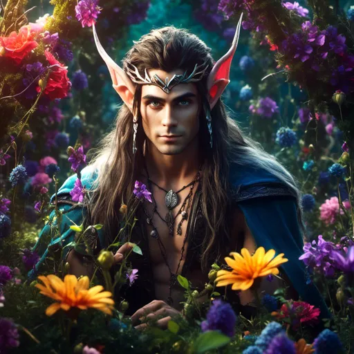 Prompt: <mymodel>(attractive male elf), chiseled facial features, long flowing hair, distinct elf ears, dynamic pose, surrounded by a vibrant landscape and flowers, dramatic lighting, atmospheric and surreal vibe, high contrast, mystical aura, ultra-detailed, cinematic HD quality.