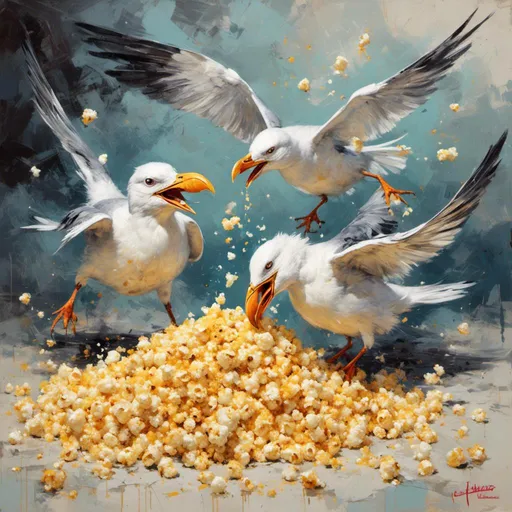 Prompt: <mymodel> seagulls fighting over popcorn