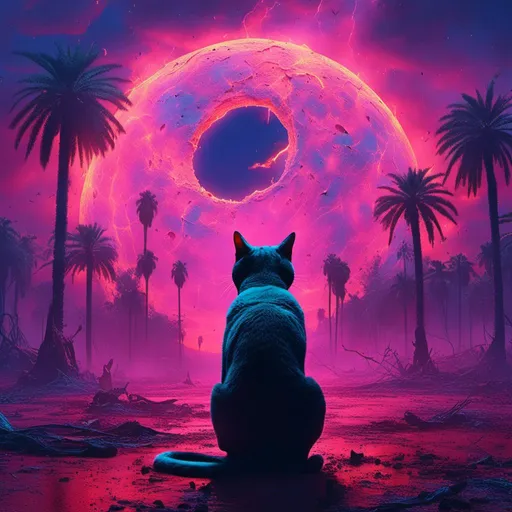 Prompt: (futuristic-vaporwave style), vibrant color scheme, (dramatic lighting), <mymodel> a cat, surreal and ethereal atmosphere, surrounded by an expansive burning field, enormous sunlowers and palm trees, bright pink and purple and blue hues blending together, high contrast visuals, lightning in sky, huge flames, 4K ultra-detailed, whimsical yet haunting, immersive and vibrant.