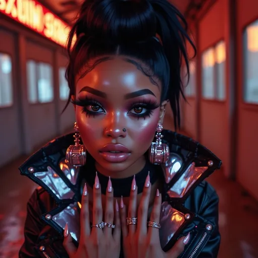 Prompt: (Beautiful black woman), (spiked hair), punk aesthetic clothing, vivid colors, dramatic styling, expressive pose, urban backdrop, edgy accessories, high contrast lighting, strong atmosphere, vibrant, bold details, ultra-detailed, 4K quality, fierce expression, individualistic character, captivating and dynamic vibe.