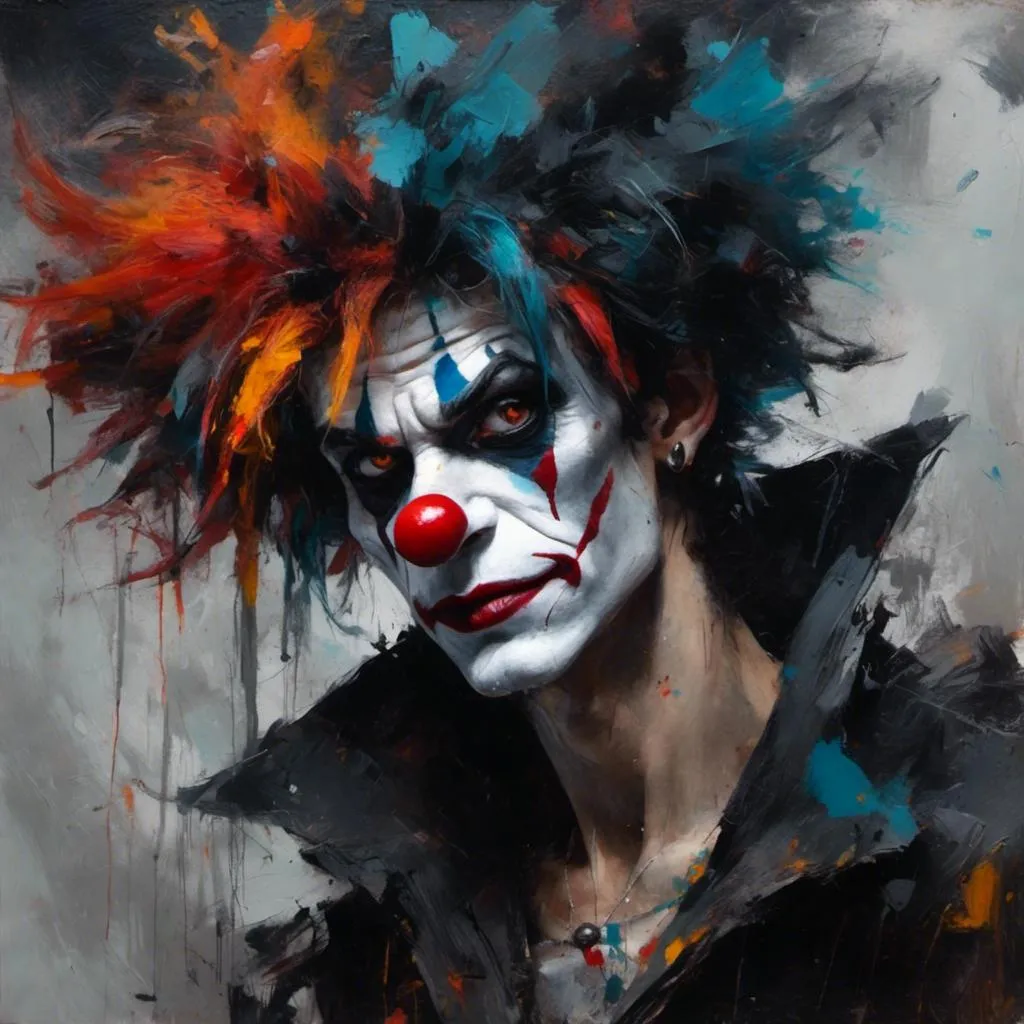 Prompt: <mymodel>(attractive man), (scary creepy unsettling clown), vivid details, expressive facial features, bold makeup, wild hair, eerie atmosphere, dramatic lighting, dark background, intense gaze, emphasis on shadows, high contrast colors, haunting vibe, artistic style portrait, ultra-detailed, 4K realism, psychologically stirring composition.