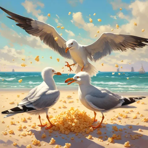 Prompt: <mymodel>(mymodel) seagulls fighting over popcorn, vivid action, humorous scene, dynamic poses of aggressive birds, scattered popcorn pieces, atmospheric beach setting, soft pastel colors for serene ocean background, warm sunlight creating playful shadows, high detail, 4K ultra-detailed, (funny and lively ambience)