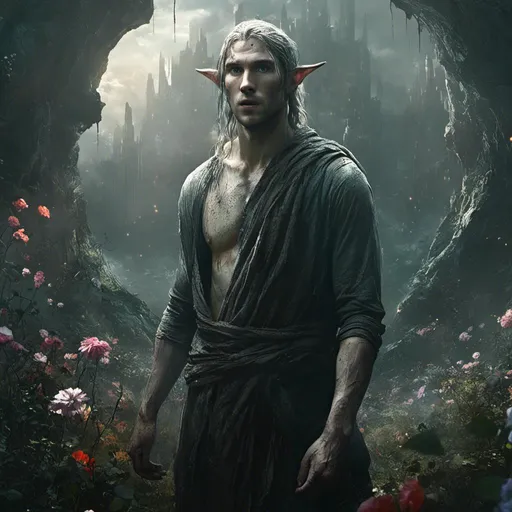 Prompt: <mymodel>(attractive male elf), chiseled facial features, long flowing hair, distinct elf ears, dynamic pose, surrounded by a vibrant landscape and flowers, dramatic lighting, atmospheric and surreal vibe, high contrast, mystical aura, ultra-detailed, cinematic HD quality.