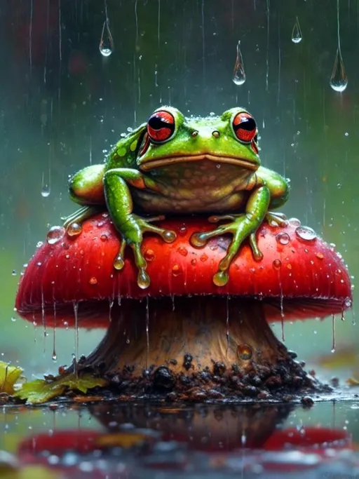 Prompt: <mymodel>macro portrait of a frog sitting on a red mushroom in the rain