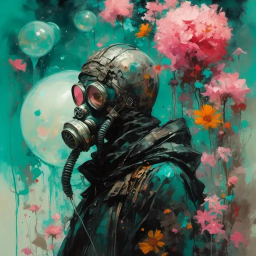 Prompt: <mymodel> man wearing a (mystical cloak) and (futuristic gas mask), surrounded by (giant flowers) towering majestically over him, vibrant colors contrasting with earthy tones, ethereal floating bubbles adding fantasy, soft light creating a dreamlike atmosphere, (teal), (black), (pink) accents, (highly detailed), (cinematic) quality, immersive and surreal ambiance in a whimsical field.