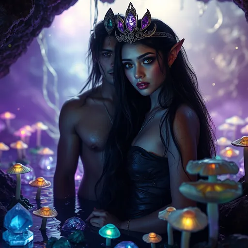 Prompt: <mymodel>Extremely hyperrealistic, ultra-detailed portrait of enchanting elven couple standing in a magical swamp inside a cave of many beautiful crystals and bioluminescent mushrooms. skin glistening with water droplets, long flowing dark hair, exotic allure, rich shades of purple, blue, black, green, and earthy tones vibrantly illuminating the scene, dramatic dark makeup enhancing her otherworldly features, captivating magical ambiance, 4K quality. purple mist in background. cold water mist. asian-iranian. fireflies. crystal crown.