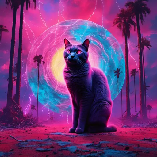 Prompt: (futuristic-vaporwave style), vibrant color scheme, (dramatic lighting), <mymodel> a cat, surreal and ethereal atmosphere, surrounded by an expansive burning field, enormous sunlowers and palm trees, bright pink and purple and blue hues blending together, high contrast visuals, lightning in sky, huge flames, 4K ultra-detailed, whimsical yet haunting, immersive and vibrant.