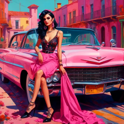 Prompt: <mymodel>(folk-art style), beautiful goth woman  standing confidently, in front of a (pink 1959 Cadillac), (vibrant colors), whimsical details, captivating expression, retro ambiance, 4K resolution, highly detailed background, enchanting atmosphere, nostalgic feel.