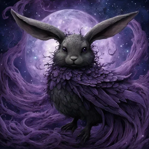 Prompt: <mymodel>(magical creature) floppy eared bunny with bat wings, whimsical and fantastical, (playful pose) vibrant color palette, swirling shades of deep purple and midnight black, glowing eyes, intricate wing details, soft fur texture, enchanting fantasy background with a starry night sky, (highly detailed) ultra-detailed illustration, captivating atmosphere of wonder and charm.