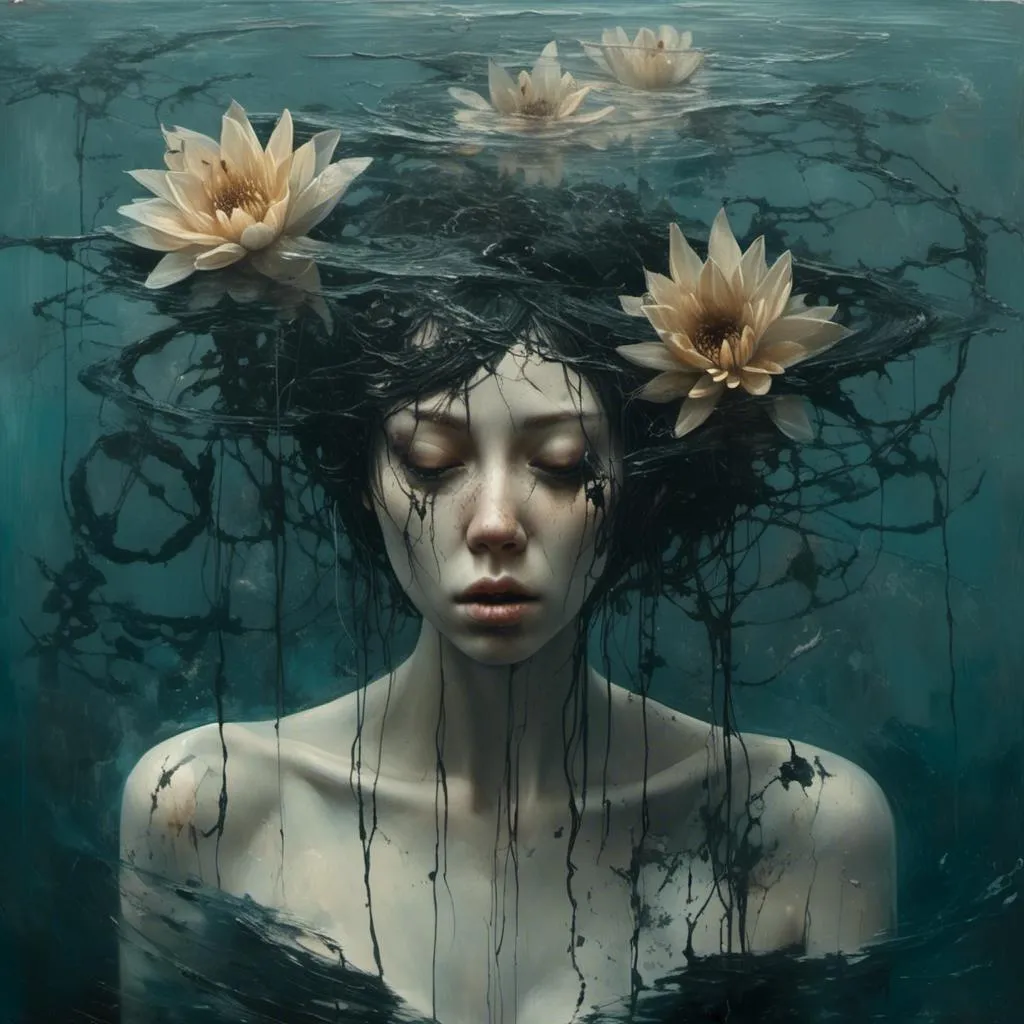 Prompt: <mymodel>  hauntingly beautiful woman with flawless features. goggles. black clothes. black lily flowers. floating in the ocean. surreal. highly detailed. gorgeous. 