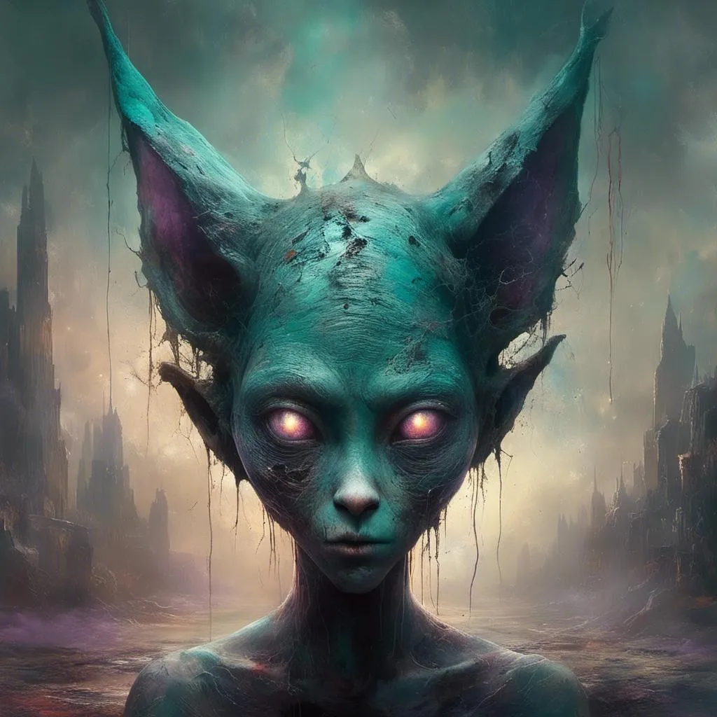 Prompt: <mymodel>alien- CAT-man. gigantic  glossy eyes. oversized cat ears. soft twinkling lights. colors of black, teal, red and purple combined with earthy tones, glossy, enchanting, eerie atmosphere, surreal, unsettling, (4K),(ultra-detailed). Whiskers. Purple smoke. enchanting. Gorgeous hair. 