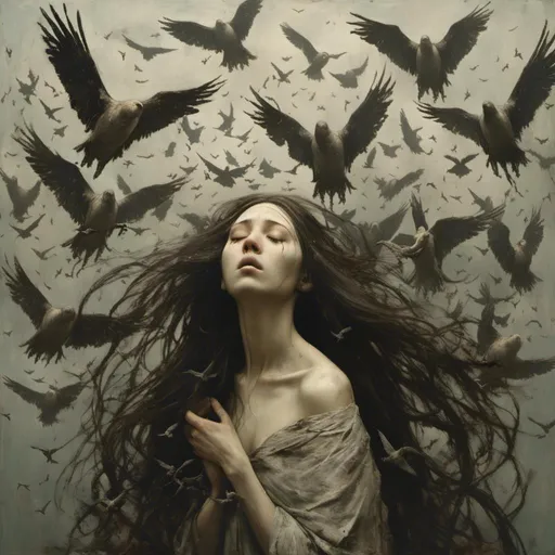 Prompt: <mymodel> woman with extremely long hair being held up by flying birds