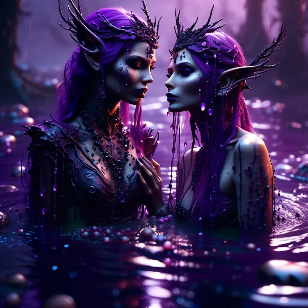 Prompt: <mymodel>(surrealism)(photorealistic) gorgeous elven female couple, rising out of a dark, murky swamp. water beads drip from them. ethereal presence. mystical aura, soft luminescent highlights of purple contrasting with deep shadows, high depth cinematic masterpiece, dark color scheme, creating a haunting atmosphere, enchanting yet eerie ambiance, surrounded by mist, reflections in water, feeling of transcendence and wonder. long, beautiful, thick flowing hair. pop of color, purple. Chiaroscuro.