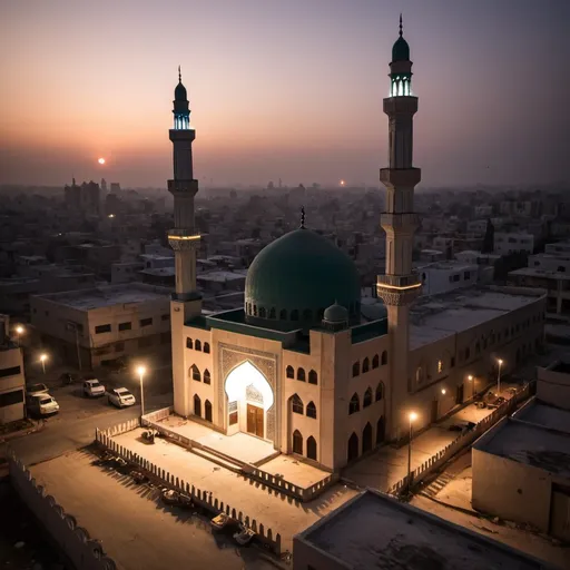 Prompt: The moment the day begins at dawn on a mosque in a popular neighborhood