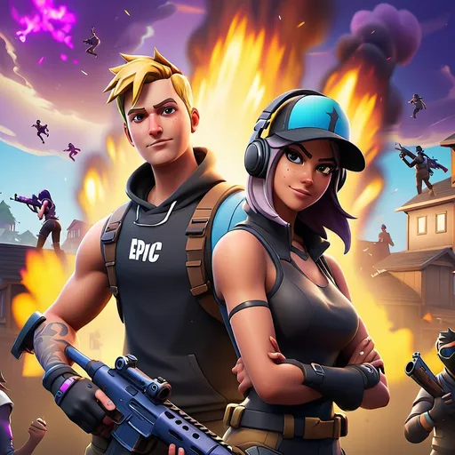 Prompt: Fortnite Cover, Epic Background, realistic Color, Community Moment , Anime style
