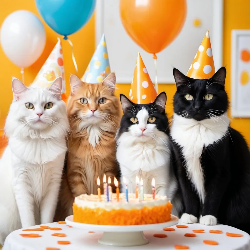 Prompt: a white cat, a tabby orange cat, a black cat, and a long haired orange cat having a birthday party