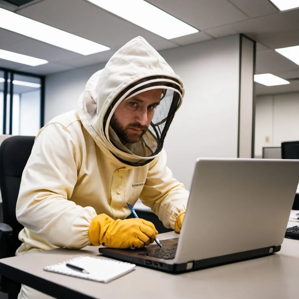 Prompt: man in beekeeper suit, writing code on a laptop in an office cubicle