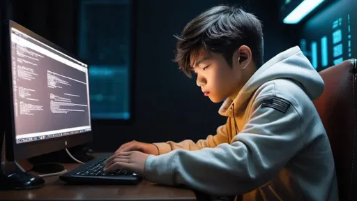 Prompt: A yang boy Programmar is programming on the computer like sci fi movies