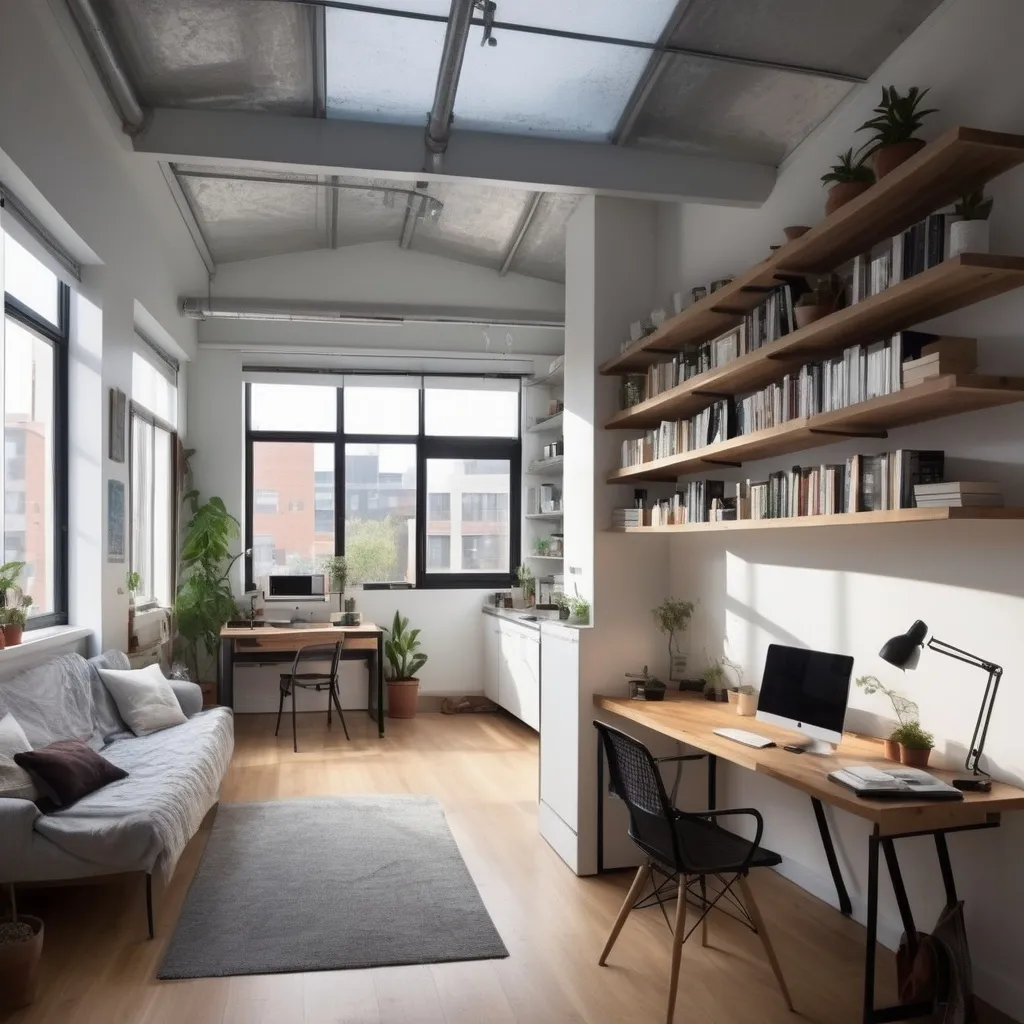 Prompt: Open space, combined kitchen, living room and office. There is a partially translucent roof ringing in light. Huge windows,relatively square space. Small kitchen, books on cool shelves, nice office aesthetic. Double monitors on desk.  1bedroom as well, closet and shower/bathroom near/ in bedroom