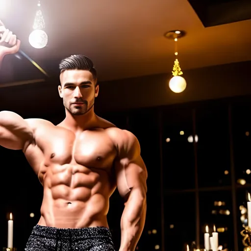 Prompt: Muscular men at New Year's Eve party,  dark, high quality, realistic, festive atmosphere, smart casual attire, confident expressions, atmospheric lighting, upscale venue, intense gaze, celebratory mood, strong physique, professional, detailed features, modern, stylish, masculine, confident, highres, realistic, festive, smart casual, atmospheric lighting