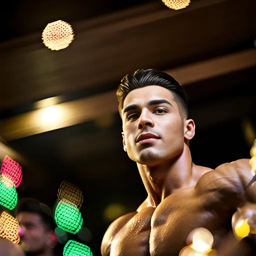 Prompt: Muscular men at New Year's Eve party, smooth bodies, correct facial features, high quality, festive, realistic, warm lighting, celebration, confident poses, stylish attire, well-defined muscles, energetic atmosphere, party ambiance, professional artwork, detailed facial features, new year, festive mood, vibrant colors, realistic textures, atmospheric lighting, natural facial features, 4 men