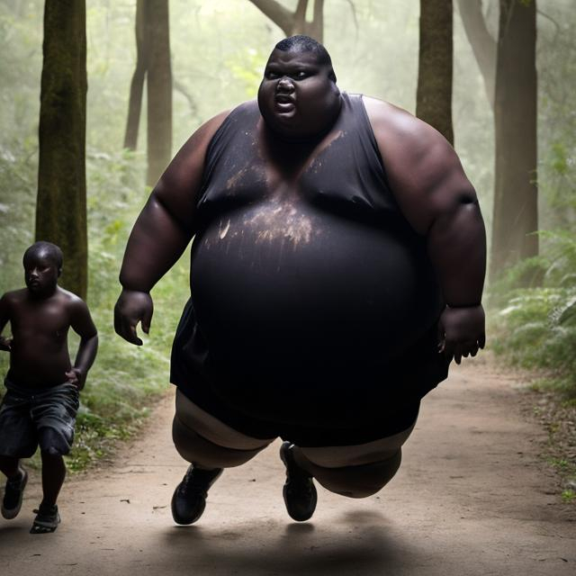 Prompt: obese guy big and black chasing a kid in the forest wearing a wife beater with stains on his skin