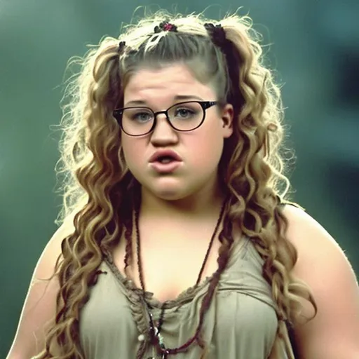 Prompt: Young Kelly Clarkson fat chubby morbidly obese with chubby face , curly hair bun wearing glasses and loose dress