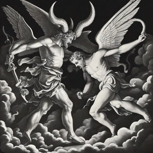 Prompt: God fighting the devil in black and white 
