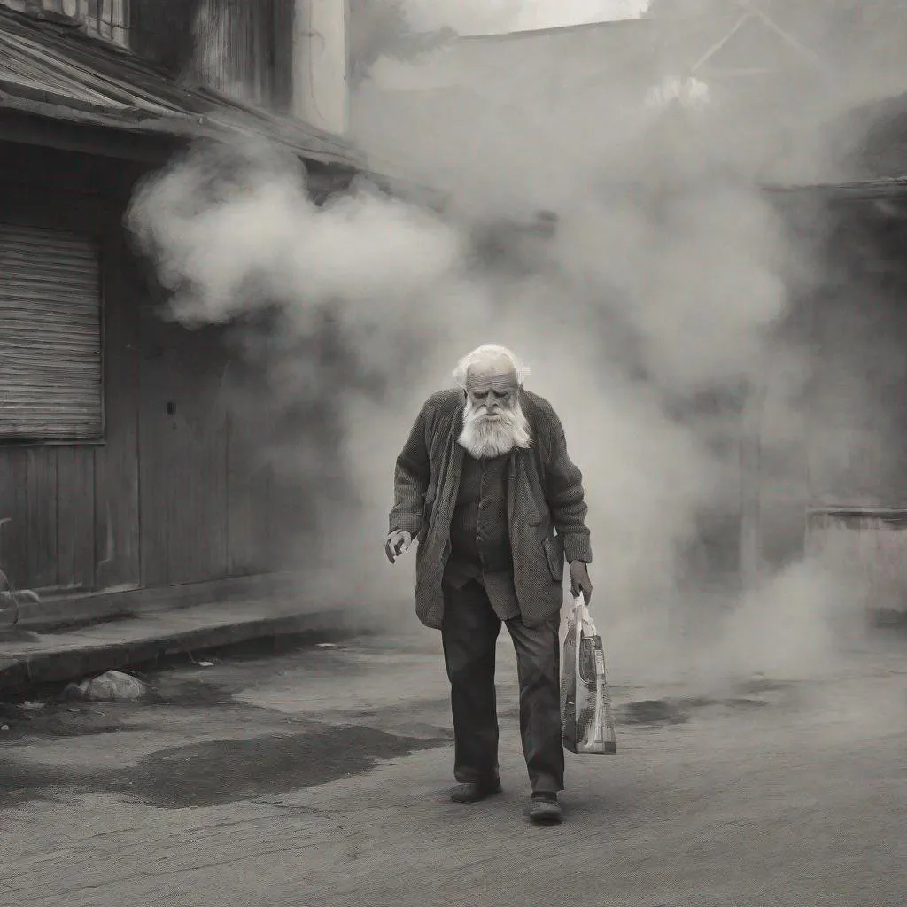 Prompt: A old man lost in smoke 