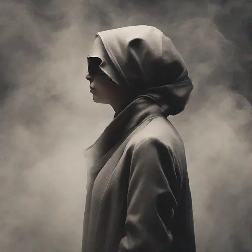 Prompt: Blind lady with a coat over her head with a smoky background from side profile 