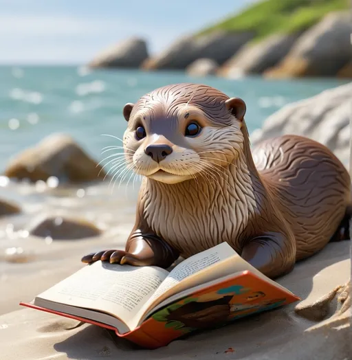 Prompt: The female otter reading a book on the seaside