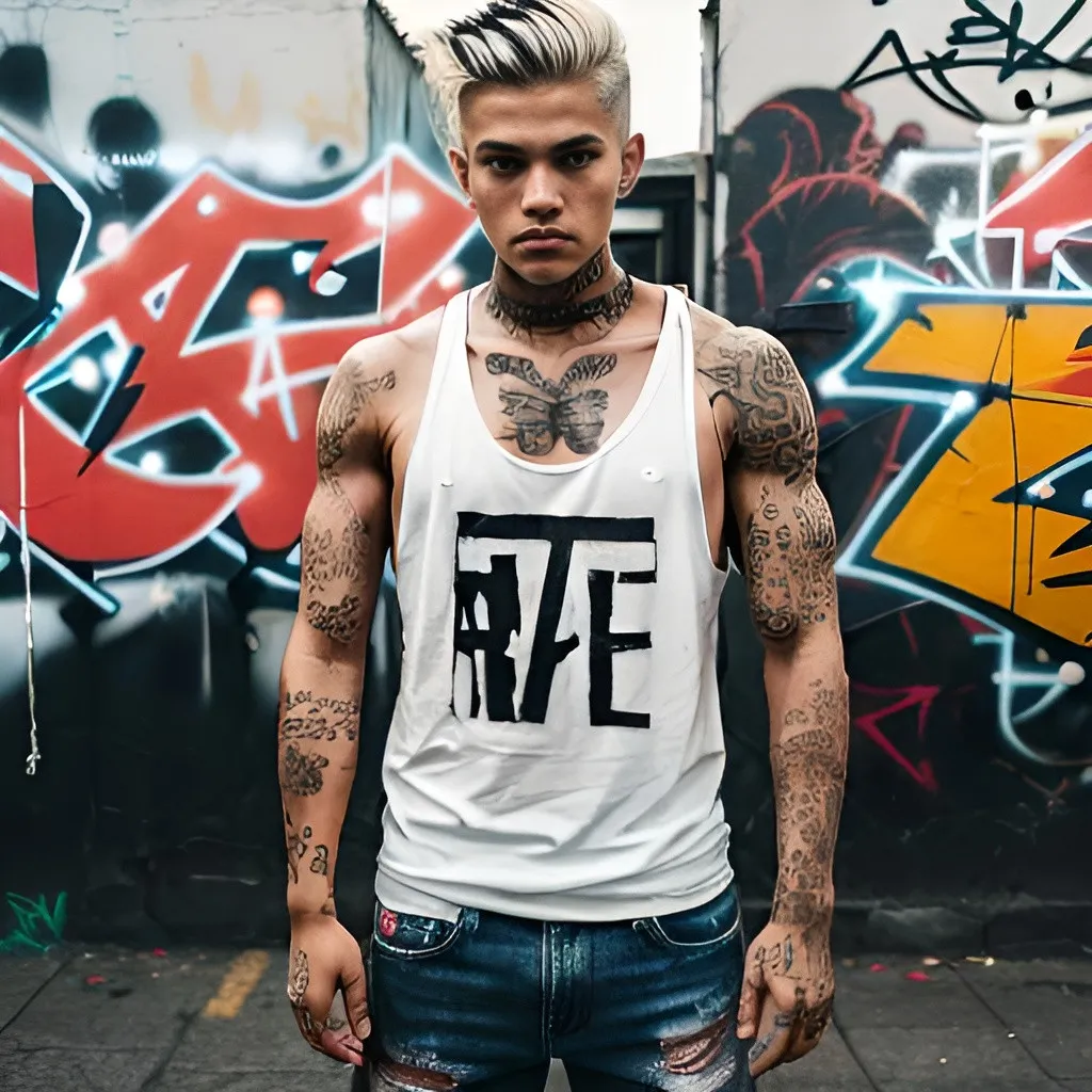 Prompt: Anime illustration of a tan boy, short messy white hair, black tank top, white ripped skinny jeans, red shoes, detailed tattoo sleeve, intense and determined gaze, urban street setting, graffiti-covered walls, city lights casting a dramatic glow, high quality, anime style, urban, detailed tattoo, intense gaze, street fashion, dramatic lighting