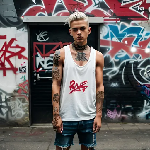 Prompt: Anime illustration of a tan boy, short messy white hair, black tank top, white ripped skinny jeans, red shoes, detailed tattoo sleeve, intense and determined gaze, urban street setting, graffiti-covered walls, city lights casting a dramatic glow, high quality, anime style, urban, detailed tattoo, intense gaze, street fashion, dramatic lighting