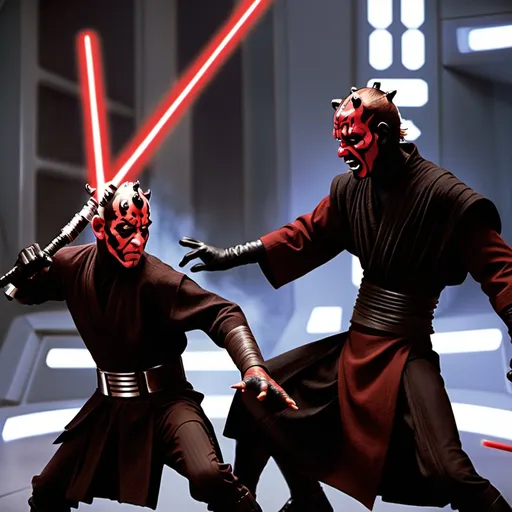 Prompt: Darth maul fighting Anakin skywalker 
