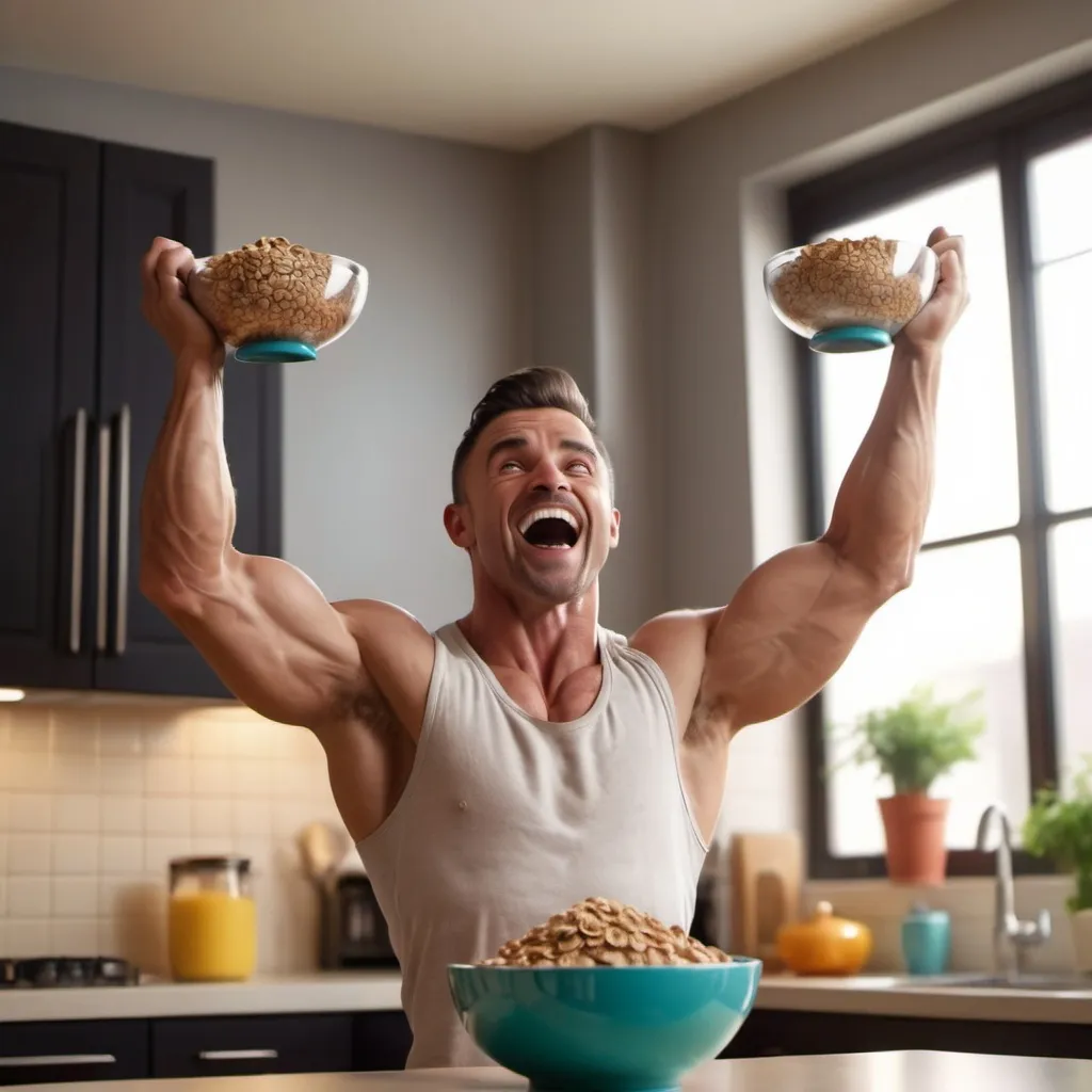 Prompt: A stack of cereal bowls which is being lifted by a fit man overhead