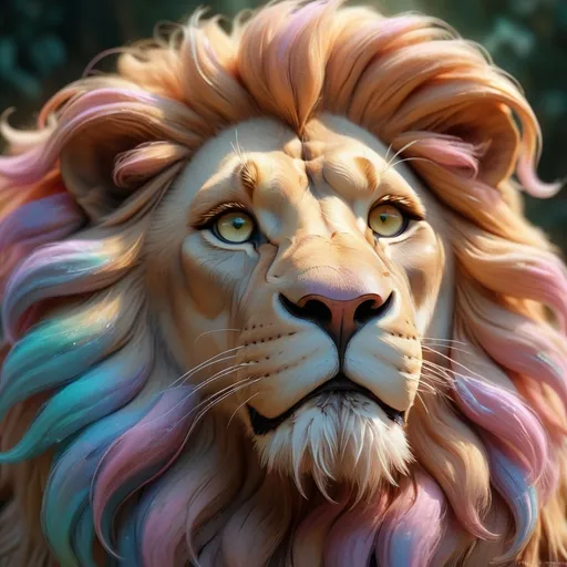 Prompt: Lion, A realistic lion in pastel colors, personification of strength, Pre-Raphaelite time-lapse motion blur Abstract* cyber graffiti, high resolution, detailed portrait, Midjourney style, ethereal atmosphere, flowing hair, captivating eyes, cosmic mystical aura, vibrant colors, soft lighting, professional, digital painting, enchanting presence, fantasy, dreamy, feminine, mystical, detailed hair, captivating look, professional lighting, hyper realistic,  HD 4k 3D, Professional, Modeling, Ethereal, Gorgeous Face, Divine Glow, Ambient, Detailed, Intricate, Elegant, Ethereal, Mythical, Radiant Lighting, Staring, Shrouded in Myrtle