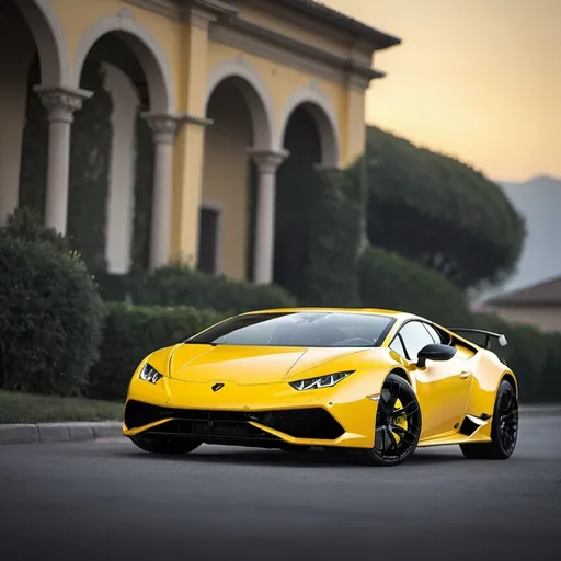 Prompt: lamborghini huracan performoante,black wheels,yellow,realistic picture,not to fansy