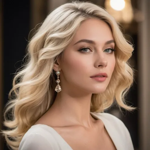 Prompt: Capture a scene where a woman exudes timeless elegance with her Chanel-inspired blonde hair cascading around her shoulders. Illuminate her beauty through the lens, portraying her grace and allure in a single frame