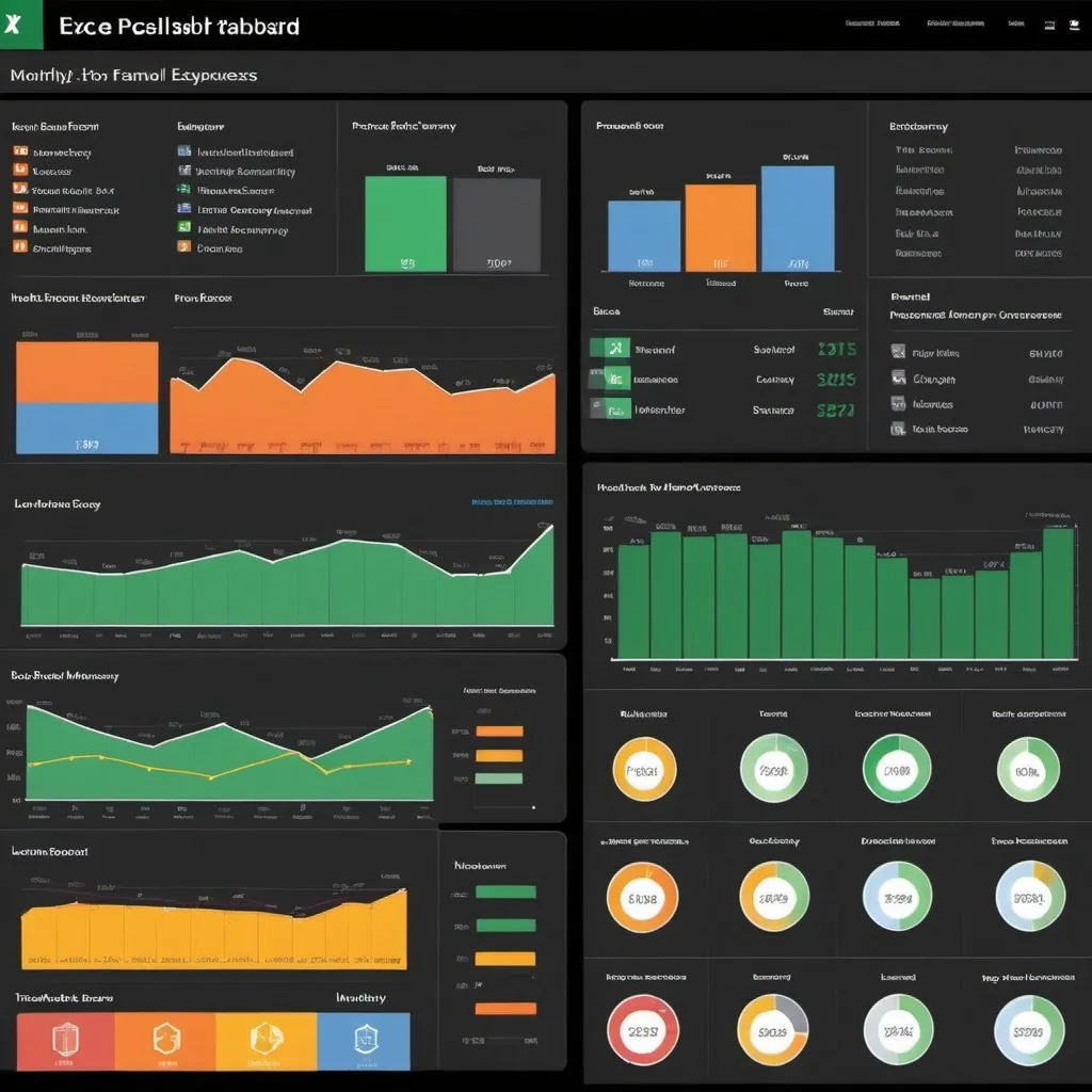 Prompt: MS Excel dashboard for family business, monthly expenses, personal, business, office, salaries, incomings, two farms, procurement company, bank account transfers, charities, lend money, professional, organized, clean design, business setting, modern, data visualization, financial management, high quality