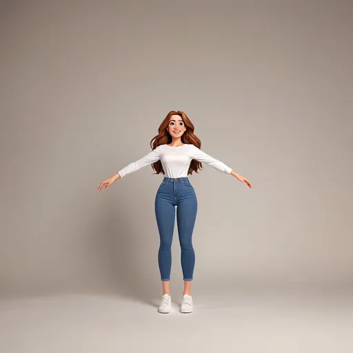 Prompt: Disney style Tall, slim, curvy woman, in her late 30's wearing blue denim jeans, white plimsols and white t-shirt. She has long, shoulder-length mid-brown hair, and hazel coloured, almond shape eyes. Natural make up. Nice smile
No background