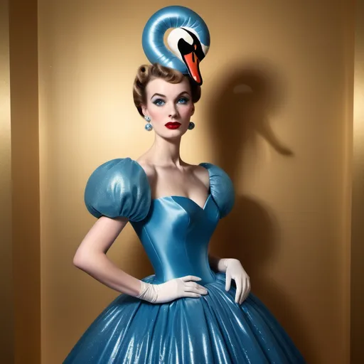 Prompt: a very tall woman wearing a sparkly blue 1950's ball gown with puffy sleeves.
a swan hat on her head.
gold background with eyeballs.
