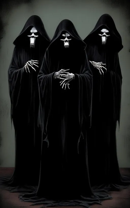 Prompt: Craft a sinister trio representing the embodiment of malevolence. A darkened scene featuring three malevolent figures, each with twisted expressions, ghastly features, and ominous postures. The first 'See No Evil' harbors a gaze of maleficence, the second 'Hear No Evil' exudes a sinister auditory presence, and the third 'Speak No Evil' manifests a dreadful silence. Utilize an eerie color palette, intricate details, and haunting shadows to evoke a chilling and foreboding atmosphere. Embrace a style inspired by gothic art, horror cinema, and unsettling symbolism. Delve into the darkest recesses of creativity to capture the essence of this nefarious trio. --niji 50 --chaos 30 --macabre"