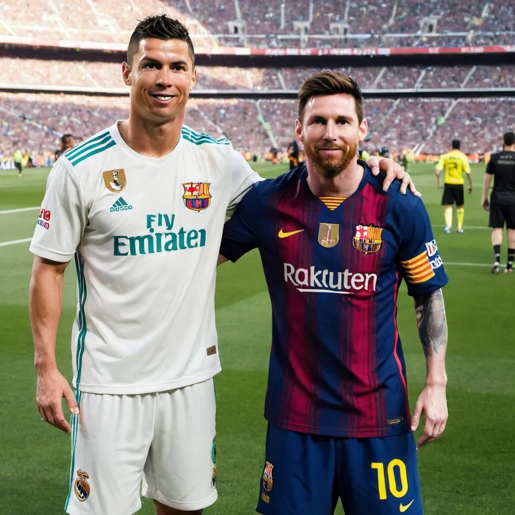 Prompt: Ronaldo in a barcelona shirt standing next to Messi in a real Madrid shirt
